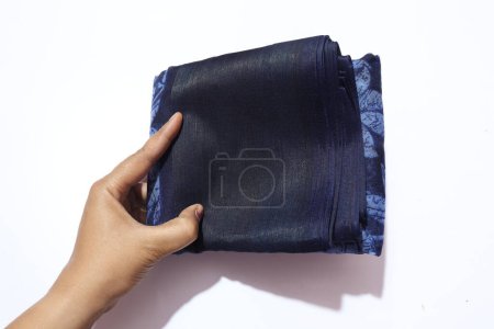 Photo for Female Blue Handmade Work Saree Isolated on White Background - Royalty Free Image