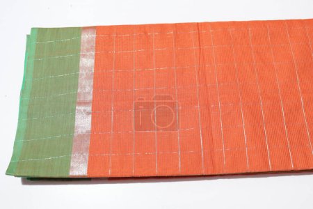 Photo for Traditional female Orange Colour Handmade Work Saree Isolated on White Background - Royalty Free Image