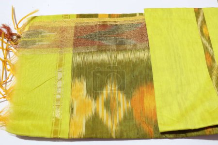 Photo for Traditional female Yellow Colour Handmade Work Saree Isolated on White Background - Royalty Free Image