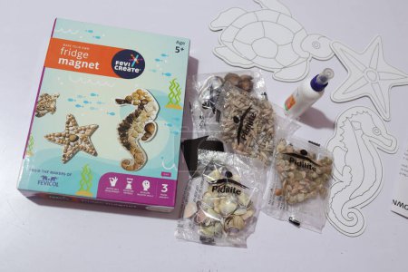 Téléchargez les photos : Kit aimant réfrigérateur avec une variété de coquilles dans des sacs en plastique - en image libre de droit