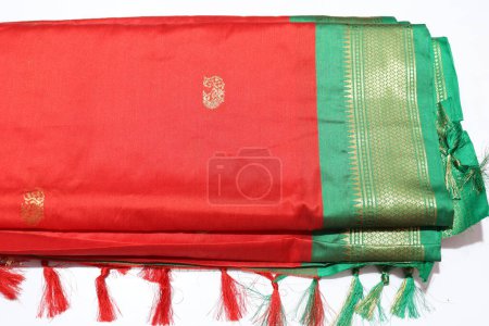 Photo for Traditional female Red Colour Handmade Work Saree Isolated on White Background - Royalty Free Image