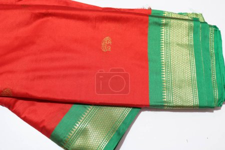 Photo for Traditional female Red Colour Handmade Work Saree Isolated on White Background - Royalty Free Image