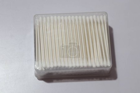 Photo for Top view of new cotton sticks in plastic box - Royalty Free Image