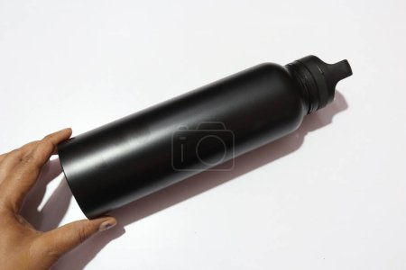 Photo for Steel thermos water bottle, black matte of color, isolated on white background. - Royalty Free Image