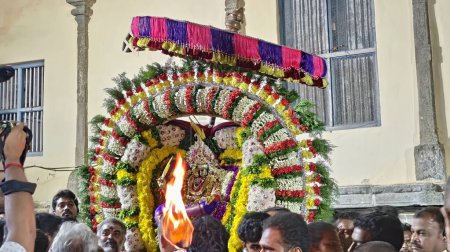 Photo for Sacred Hindu God idol decorated with floral garland, Arunachalesvara Swamy Temple Karthika Deepam Festival at Thiruvannamalai in Tamil Nadu, India - Royalty Free Image