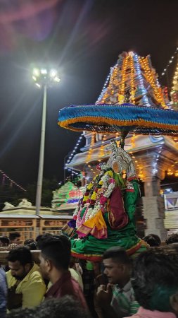 Foto de Vista nocturna de la gente worhsiping ídolo sagrado de Dios hindú decorado con guirnalda floral, Arunachalesvara Swamy Temple Karthika Deepam Festival en Thiruvannamalai en Tamil Nadu, India - Imagen libre de derechos