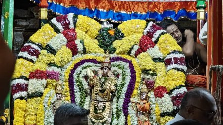 Téléchargez les photos : TAMIL NADU, INDE - 26 NOVEMBRE 2023 : idole sacrée du Dieu hindou ornée d'une guirlande florale, Temple Arunachalesvara Swamy Festival Karthika Deepam à Thiruvannamalai au Tamil Nadu, Inde - en image libre de droit