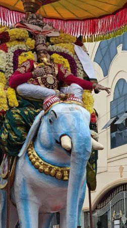 Photo for TAMIL NADU, INDIA - NOVEMBER 26, 2023: sacred Hindu God idol decorated with floral garland on elephant, Arunachalesvara Swamy Temple Karthika Deepam Festival at Thiruvannamalai in Tamil Nadu, India - Royalty Free Image