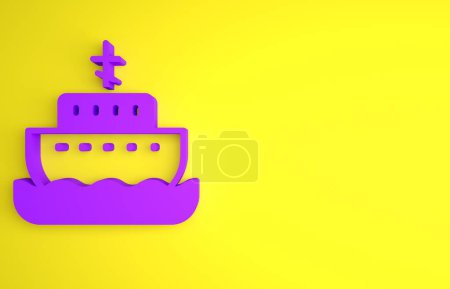 Téléchargez les photos : Arche violette de noah icône isolée sur fond jaune. Grande cargaison en bois. Concept de minimalisme. Illustration de rendu 3D. - en image libre de droit
