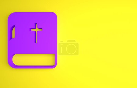 Téléchargez les photos : Icône mauve du livre de la Sainte Bible isolée sur fond jaune. Concept de minimalisme. Illustration de rendu 3D. - en image libre de droit