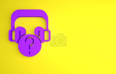 Téléchargez les photos : Casque violet avec icône de question isolé sur fond jaune. Assistance au service client, hotline, centre d'appels, faq, maintenance. Concept de minimalisme. Illustration de rendu 3D. - en image libre de droit