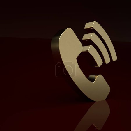Gold Telephone 24 hours support icon isolated on brown background. All-day customer support call-center. Full time call services. Minimalism concept. 3D render illustration .