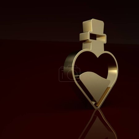 Photo for Gold Bottle with love potion icon isolated on brown background. Valentines day symbol. Minimalism concept. 3D render illustration . - Royalty Free Image