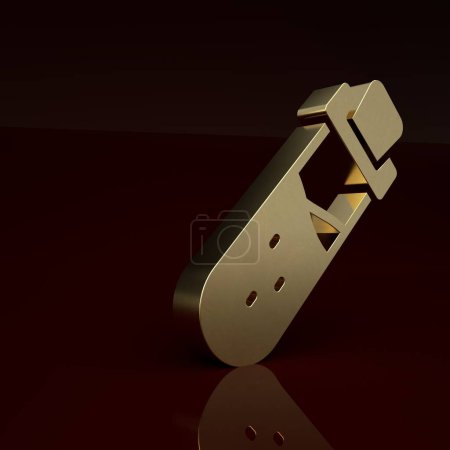 Photo for Gold Bottle with potion icon isolated on brown background. Flask with magic potion. Happy Halloween party. Minimalism concept. 3D render illustration. - Royalty Free Image