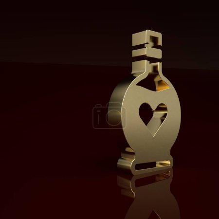 Photo for Gold Bottle with love potion icon isolated on brown background. Valentines day symbol. Minimalism concept. 3D render illustration. - Royalty Free Image