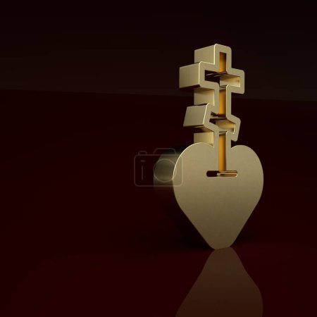 Téléchargez les photos : Gold Religious cross in the heart inside icon isolated on brown background. Love of God, Catholic and Christian symbol. People pray. Minimalism concept. 3D render illustration. - en image libre de droit