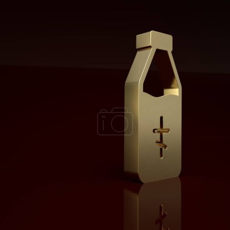 Téléchargez les photos : Gold Holy water bottle icon isolated on brown background. Glass flask with magic liquid. Minimalism concept. 3D render illustration. - en image libre de droit