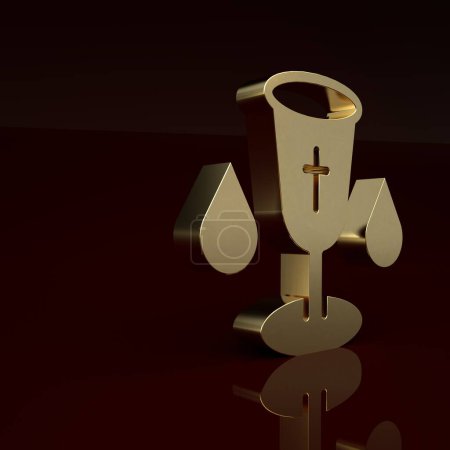 Téléchargez les photos : Gold Christian chalice icon isolated on brown background. Christianity icon. Happy Easter. Minimalism concept. 3D render illustration. - en image libre de droit