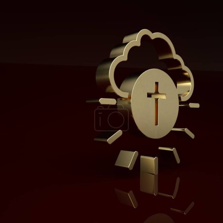 Téléchargez les photos : Gold Religious cross in the circle icon isolated on brown background. Love of God, Catholic and Christian symbol. People pray for love and peace. Minimalism concept. 3D render illustration. - en image libre de droit