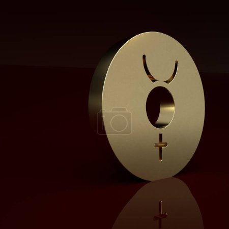 Foto de Gold Ancient astrological symbol of Mercury icon isolated on brown background. Astrology planet. Zodiac and astrology sign. Minimalism concept. 3D render illustration. - Imagen libre de derechos