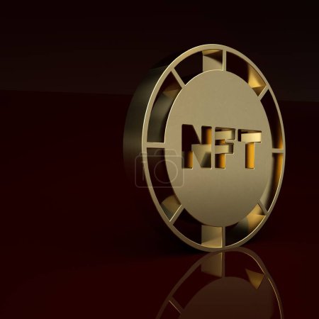 Téléchargez les photos : Gold NFT Digital crypto art icon isolated on brown background. Non fungible token. Minimalism concept. 3D render illustration. - en image libre de droit