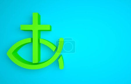 Foto de Green Christian fish symbol icon isolated on blue background. Jesus fish symbol. Minimalism concept. 3D render illustration. - Imagen libre de derechos