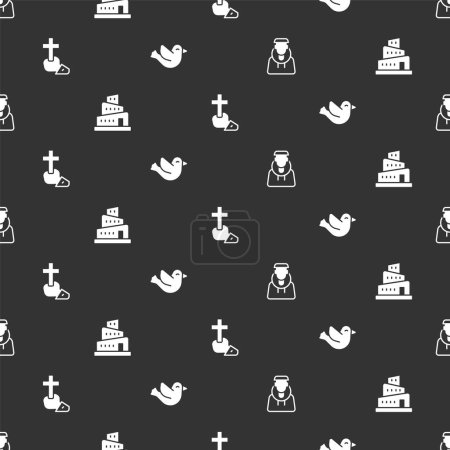Illustration for Set Monk, Babel tower bible story, Christian cross and Dove on seamless pattern. Vector - Royalty Free Image