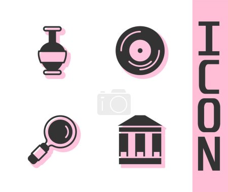 Illustration for Set Museum building, Ancient amphorae, Magnifying glass and Vinyl disk icon. Vector - Royalty Free Image