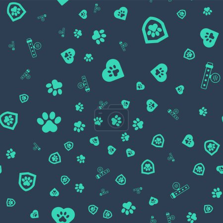 Illustration for Set Heart with animals footprint, Animal health insurance, Paw and Collar name tag on seamless pattern. Vector - Royalty Free Image