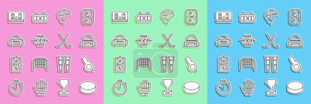 Illustration for Set line Hockey puck, Whistle, Sport bag, helmet, table, mechanical scoreboard and Ice hockey sticks icon. Vector - Royalty Free Image