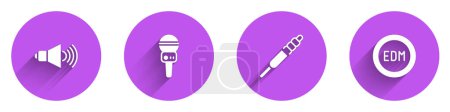 Illustration for Set Speaker volume, Microphone, Audio jack and EDM electronic dance music icon with long shadow. Vector - Royalty Free Image