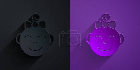 Illustration for Paper cut Happy little girl head icon isolated on black on purple background. Face of baby girl. Paper art style. Vector. - Royalty Free Image