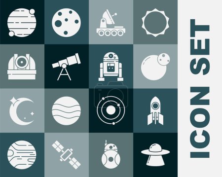 Set UFO flying spaceship Rocket Planet Mars rover Telescope Astronomical observatory and Robot icon. Vector.