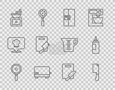 Illustration for Set line Frying pan Meat chopper Refrigerator Toaster Manual coffee grinder Cutting board and meat knife and Sauce bottle icon. Vector. - Royalty Free Image
