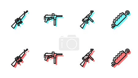 Téléchargez les illustrations : Set line Tommy gun, M16A1 rifle, Submachine M3 and Trap hunting icon. Vector. - en licence libre de droit