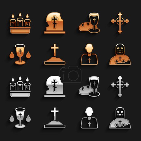 Téléchargez les illustrations : Set Grave with cross, Christian, Knight crusader, Priest, chalice, Goblet and bread, Burning candle in candlestick and tombstone icon. Vector - en licence libre de droit