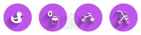 Téléchargez les illustrations : Set Rubber duck, Breast pump, Bicycle for kids and Baby stroller icon with long shadow. Vector - en licence libre de droit