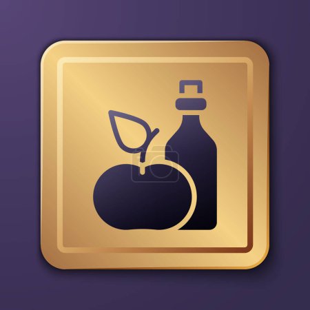 Téléchargez les illustrations : Purple Apple cider vinegar in bottle icon isolated on purple background. Gold square button. Vector - en licence libre de droit