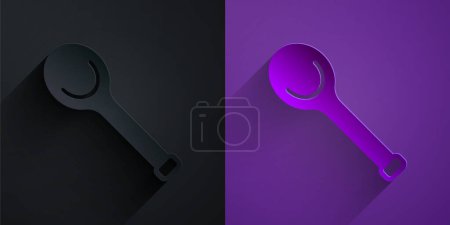 Téléchargez les illustrations : Papier découpé icône louche sauna isolé sur fond noir sur fond violet. Style art du papier. Vecteur - en licence libre de droit