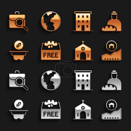 Illustration for Set Donation food, Feeding the homeless, Rising cost of housing, Church building, money, Multi storey, Work search and Global economic crisis icon. Vector - Royalty Free Image