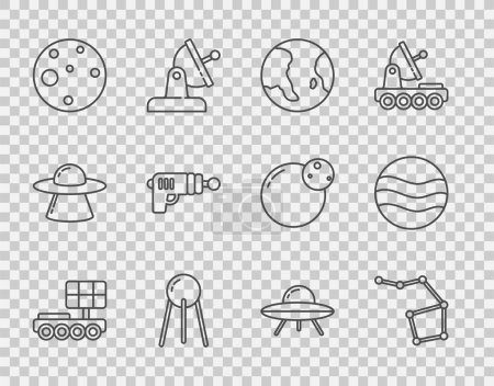 Téléchargez les illustrations : Set line Mars rover, Great Bear constellation, Earth globe, Satellite, Planet, Ray gun, UFO flying spaceship and  icon. Vector - en licence libre de droit