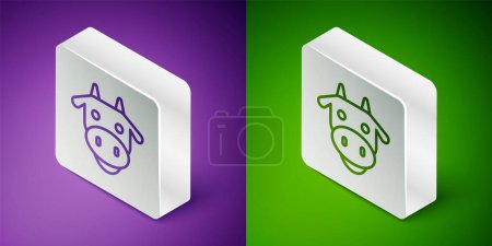 Téléchargez les illustrations : Isometric line Cow head icon isolated on purple and green background. Silver square button. Vector - en licence libre de droit