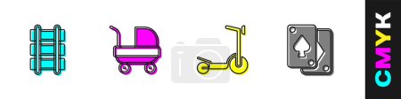 Téléchargez les illustrations : Set Toy railway, Baby stroller, Roller scooter and Playing cards icon. Vector - en licence libre de droit