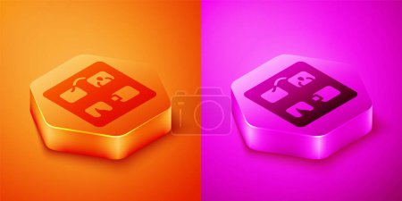 Illustration for Isometric Storyboard film video template for movie creation icon isolated on orange and pink background. Hexagon button. Vector. - Royalty Free Image
