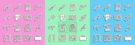 Téléchargez les illustrations : Set line Weapon case, Tommy gun, Sniper optical sight, Firearms license certificate, Gun in holster, Wooden axe, Bayonet rifle and Hunting shop weapon icon. Vector - en licence libre de droit