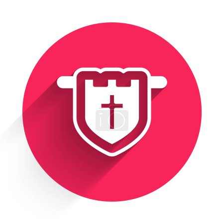 Téléchargez les illustrations : White Flag with christian cross icon isolated with long shadow. Red circle button. Vector. - en licence libre de droit