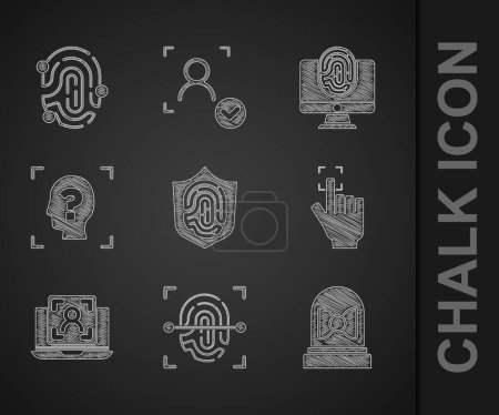 Illustration for Set Fingerprint in shield, Motion sensor, Laptop with face recognition, Face, Monitor fingerprint and  icon. Vector - Royalty Free Image