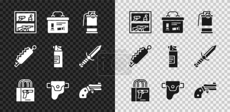 Téléchargez les illustrations : Set Hunting shop weapon, Military ammunition box, Hand smoke grenade, Buying gun pistol, Gun holster, Small revolver, Trap hunting and Weapons oil bottle icon. Vector - en licence libre de droit