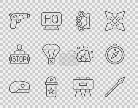 Ilustración de Set line Military beret, Medieval spear, Brass knuckles, Chevron, Pistol or gun, Box flying parachute, mine and Compass icon. Vector - Imagen libre de derechos