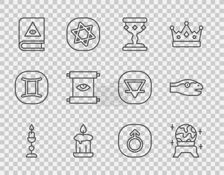 Ilustración de Set line Burning candle, Magic ball, Medieval goblet, Ancient magic book, scroll, Mars and Snake icon. Vector - Imagen libre de derechos
